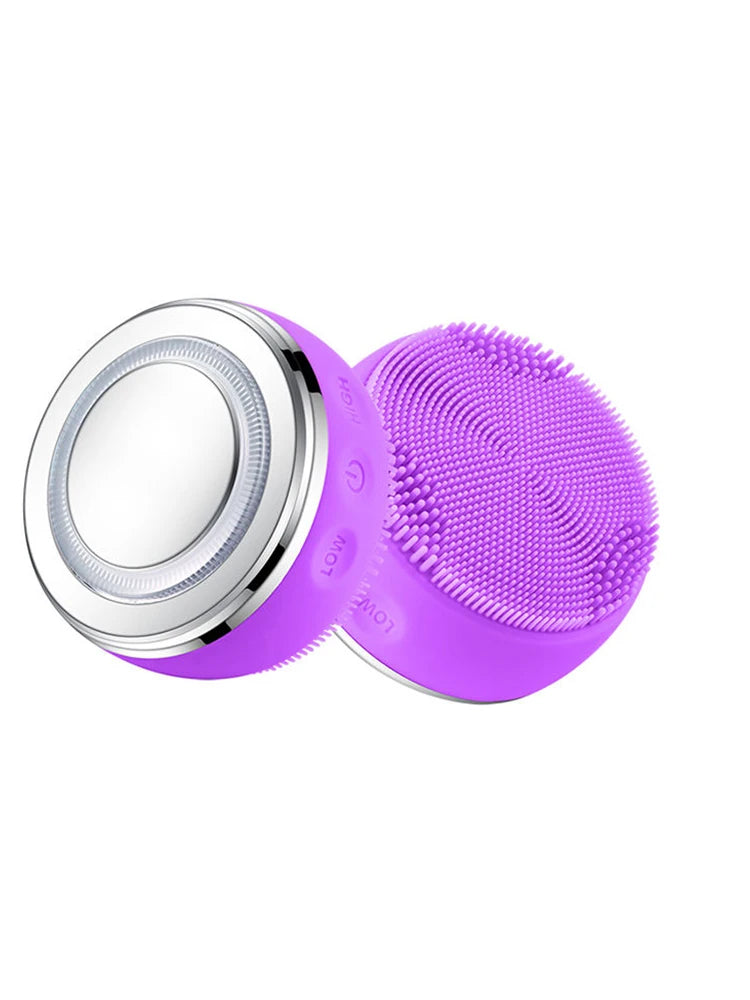 2 In 1 LED Light Therapy Silicone Heating Face Cleanser Massage Sonic Facial Cleansing Brush Massager Waterproof