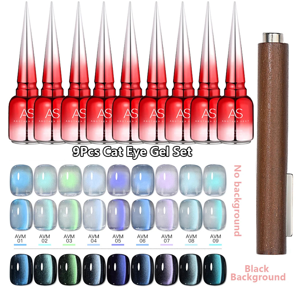 AS 9pcs Cat Eye Magnetic Moonlight Gel Nail Polish Set 15ml Sparkle White Silver Water Light Red UV Gel Nail Art Manicure