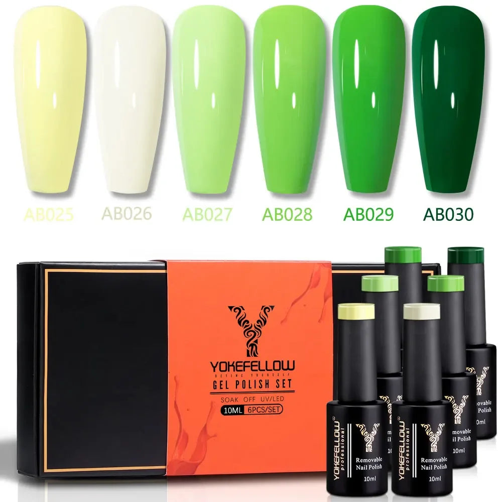 YOKEFELLOW Gel Nail Polish Set 10ml 6Pcs Green Soak Off UV LED Cure Gel Varnish for Nail Art Manicure DIY St. Patrick's Day