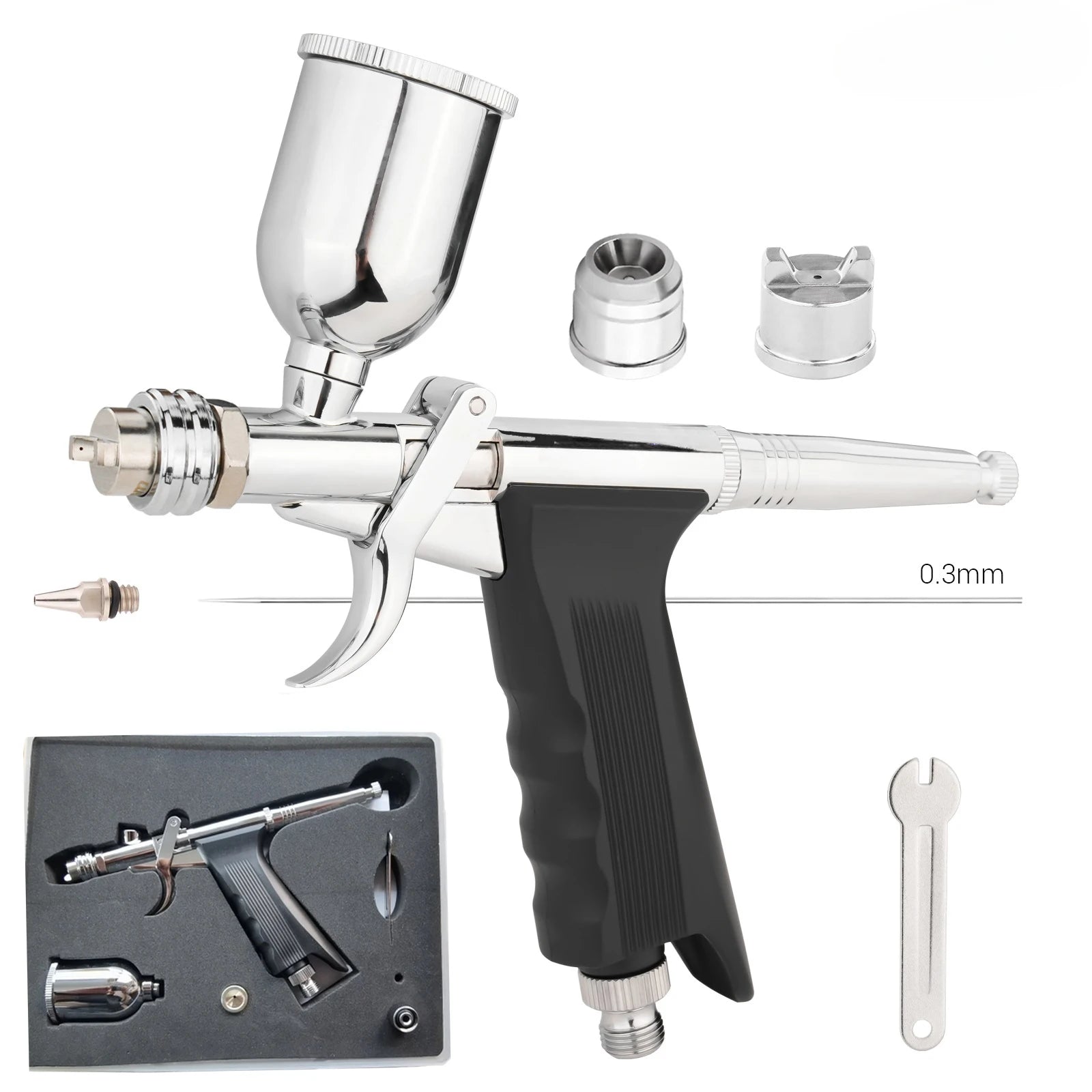 Pistol Grip Airbrush Kit 0.3mm/0.5mm with Fan Cap 15CC Fluids Cups Efficiency for Car Model DIY Painting Makeup Nail Art Cake
