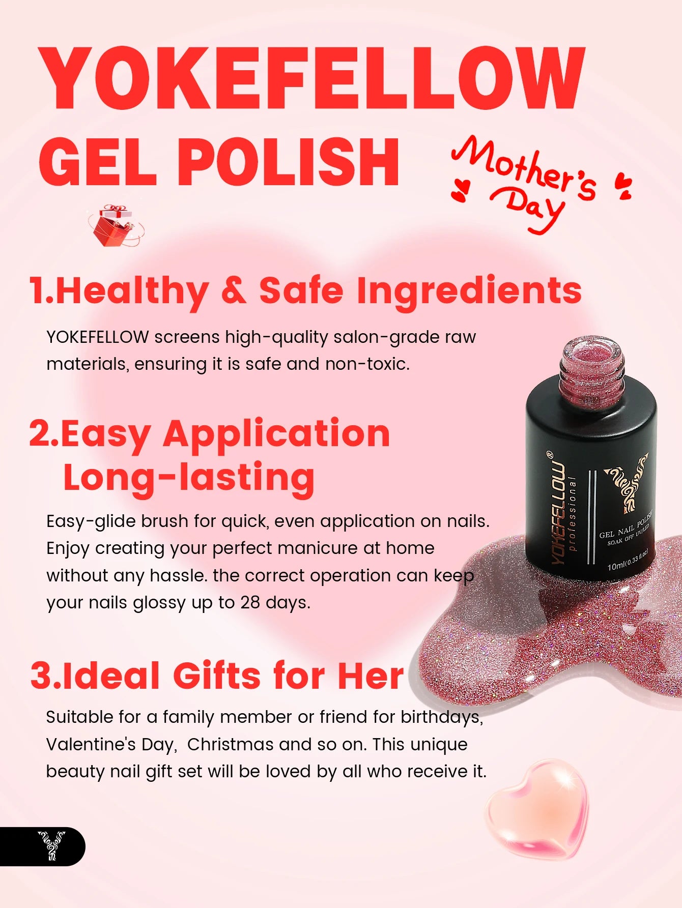 NEW SET YOKEFELLOW 6/PCS Pastel Pink Glitter Pink Set Spring Summer Gel Polish Soak off for Summer DIY Salon Home Manicure 10ML