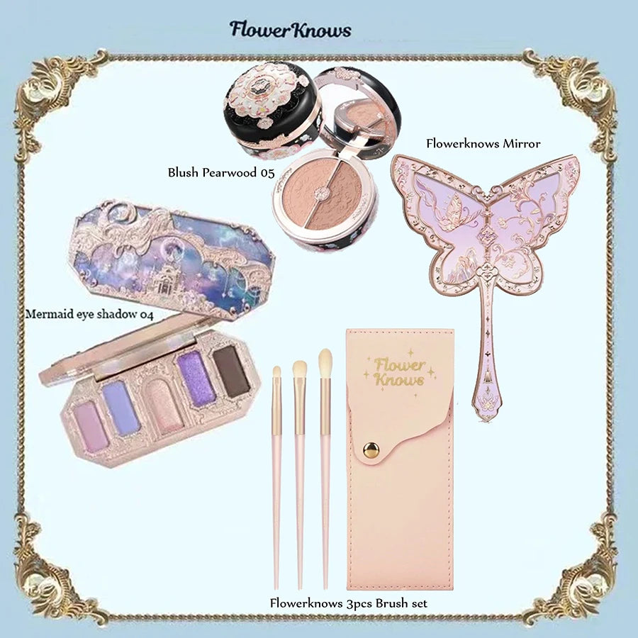 Flower Knows Makeup Set Mermaid Eyeshadow Palette Matte Swan Setting Powder Strawberry Violet Mirror Hair Clip 4Pcs Kit