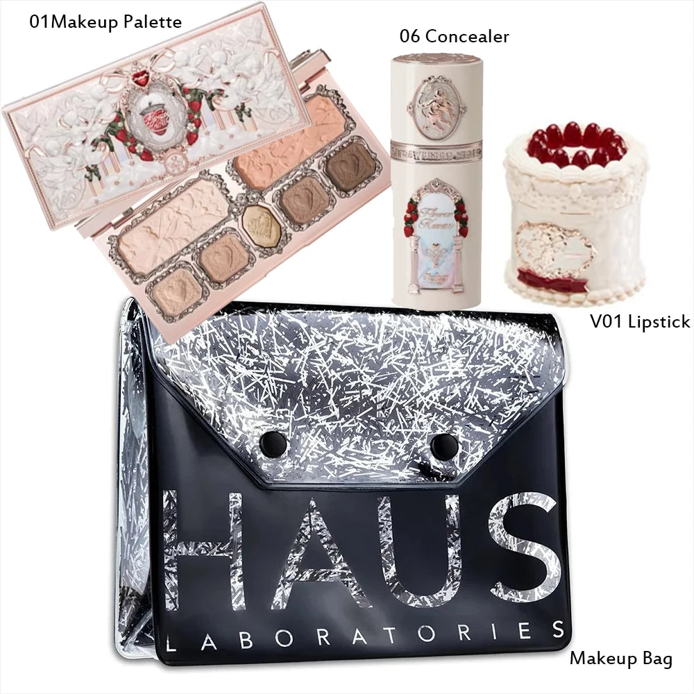 Flower Knows Makeup Set Mermaid Eyeshadow Palette Matte Swan Setting Powder Strawberry Violet Mirror Hair Clip 4Pcs Kit