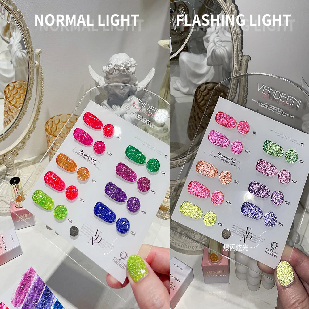 Vendeeni 15ml 9 Colors Fluorescent Glitter Sequins Nail Gel Polish Neon Color Nail Art Manicure Soak Off Enamel UV Gel Varnish
