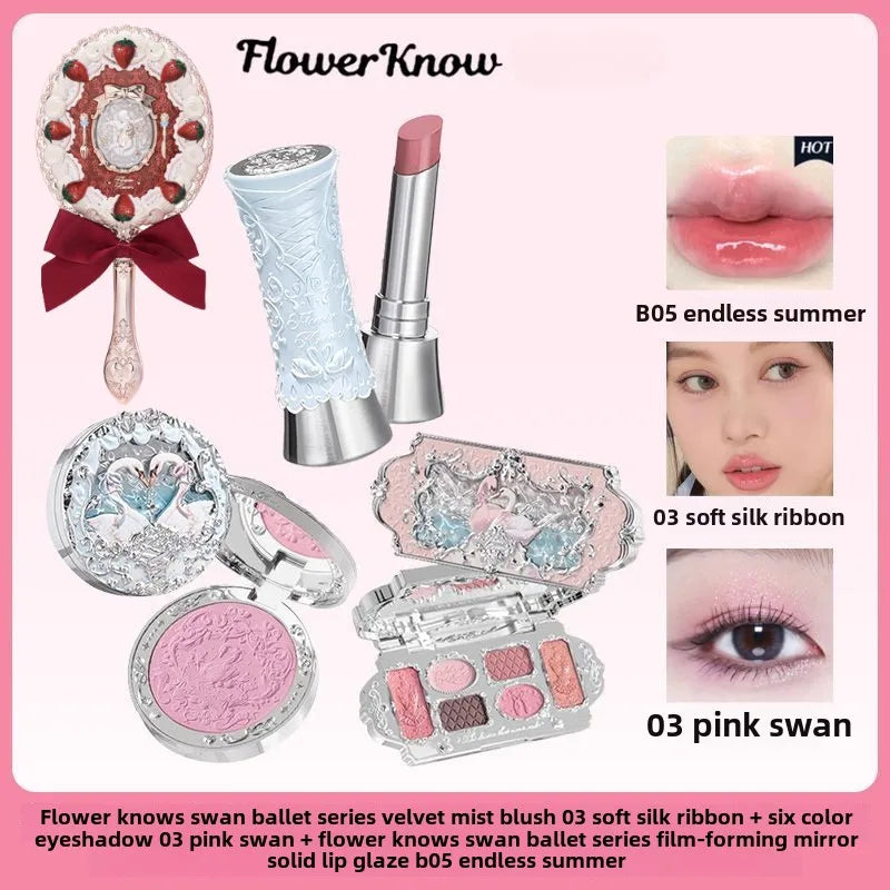 Flower Knows Makeup Sets Swan Ballet Series Gift Box Lipstick Blush Eyeshadow Palette Handheld Mirror Makeup Gift Box