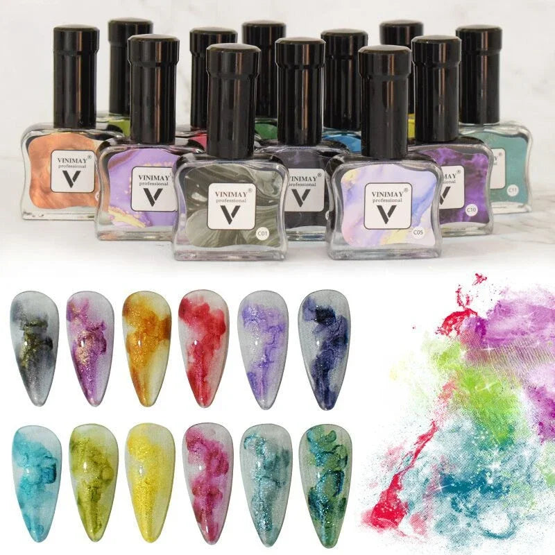 12Pcs 12ml Glitter Blooming Nail Gel Polish Marble Watercolor Ink Nail Design Smudge Spreading Air-drying Manicure Painting Gel