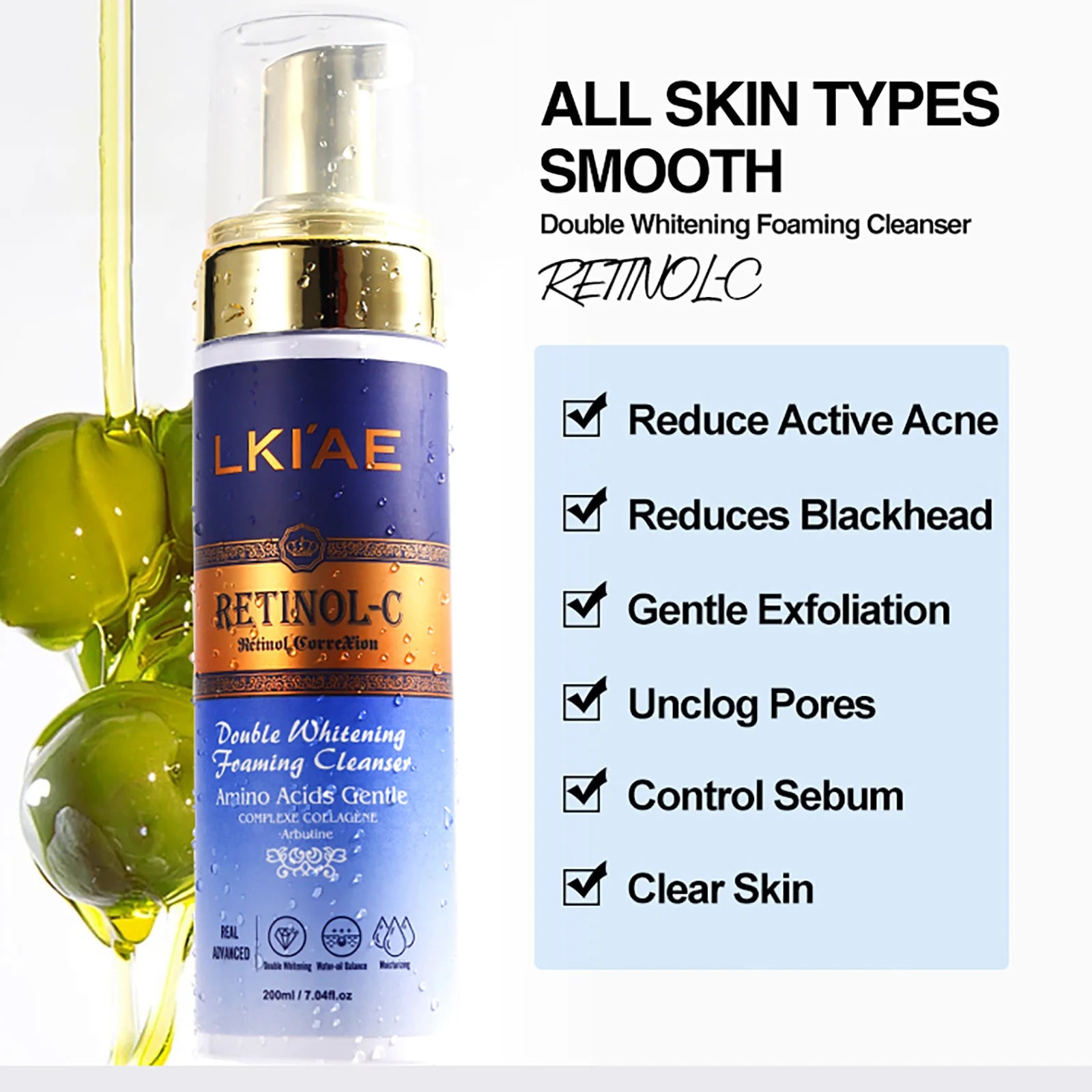 LKIAE Double Retinol Whitening Foaming Facial Cleanser, Exfoliation, Unclog Pores, Reduce Acne, Blackhead, Water-Oil Balance