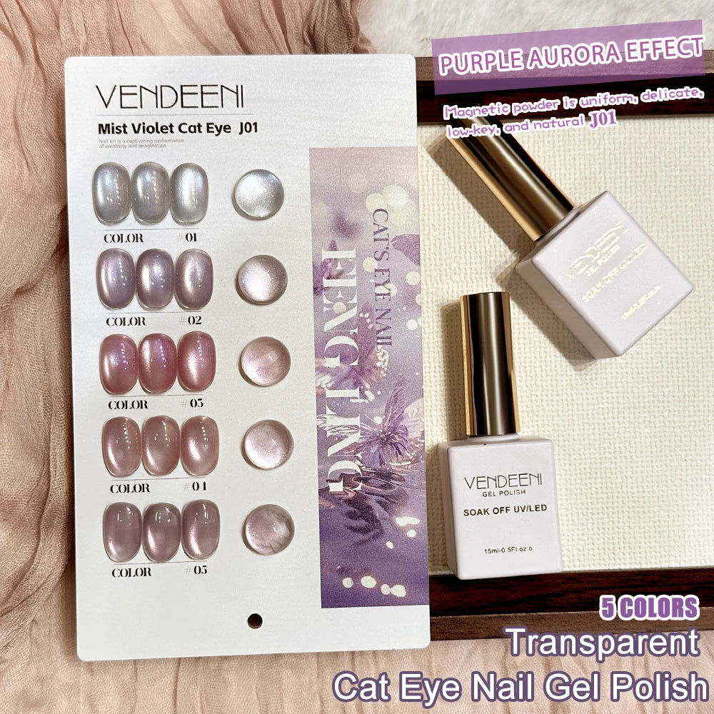 Vendeeni 5 Colors/Set Purple Cat Eye Gel Nail Polish Magnetic UV LED Gel Varnish Aurora Effect Cat Eye Gel Lacquer With Display