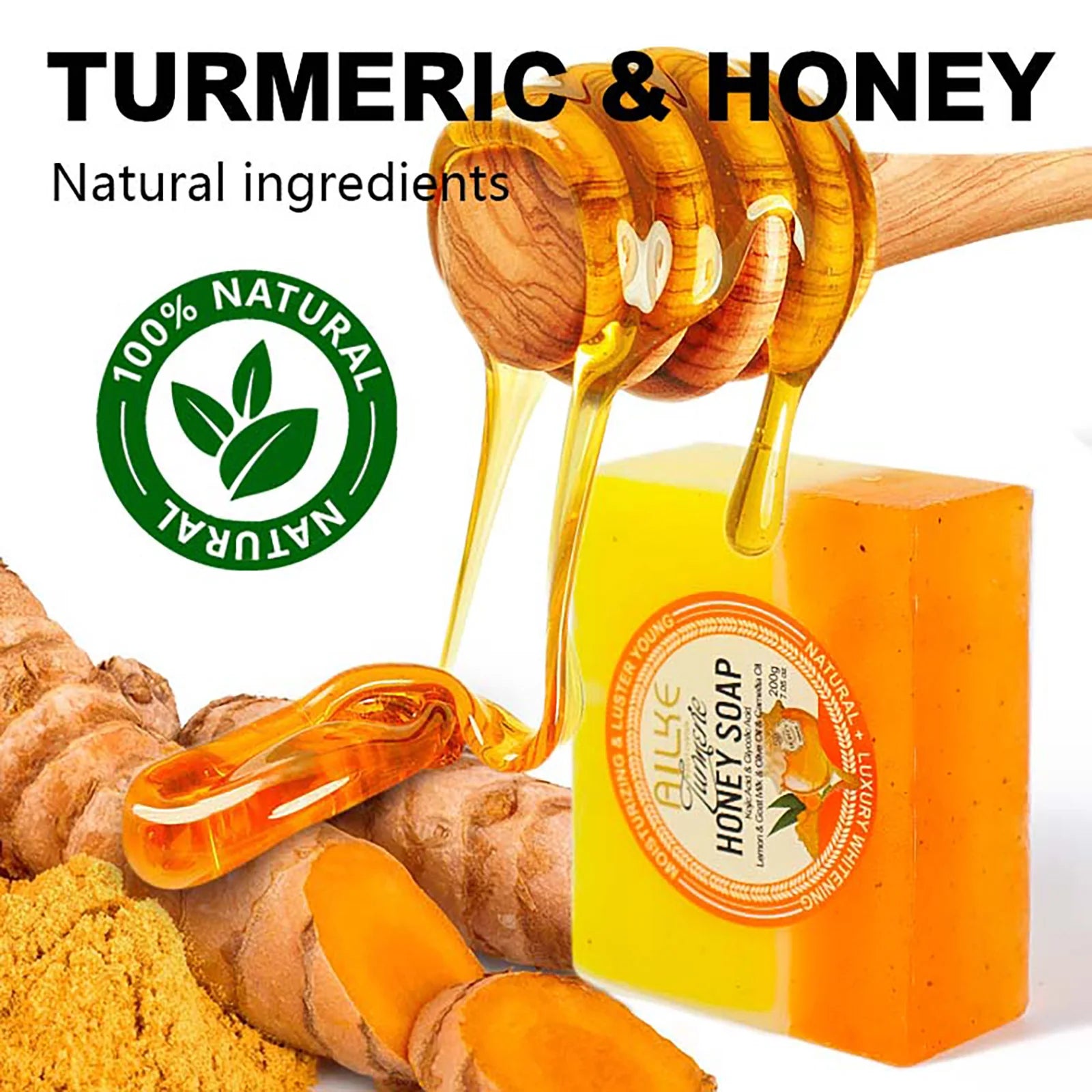 AILKE Natural Turmeric Honey Soap Cleanser, Lightening, Clean Skin, Remove Dark Spots, Stains, for Face and Body, 200g/7 oz