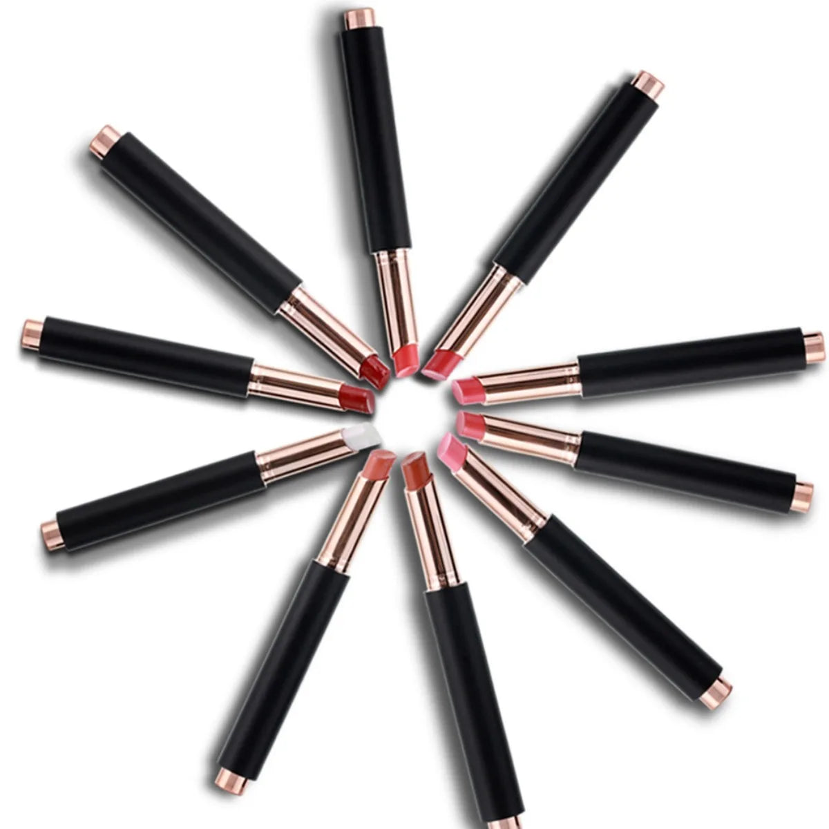 10color Private Label Solid Lipstick Custom Logo Black Tube Matte Moisturizing Press Pen Bulk Pigment Makeup Vegan Black Package