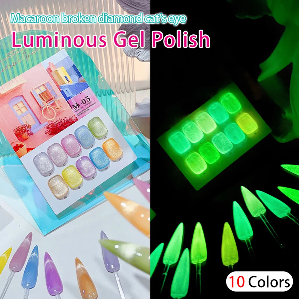 Vendeeni 10 Colors/Set Luminous Broken Diamond Cat Eye Gel Nail Polish Glitter Macaron Magnetic UV LED Gel Varnish With Display