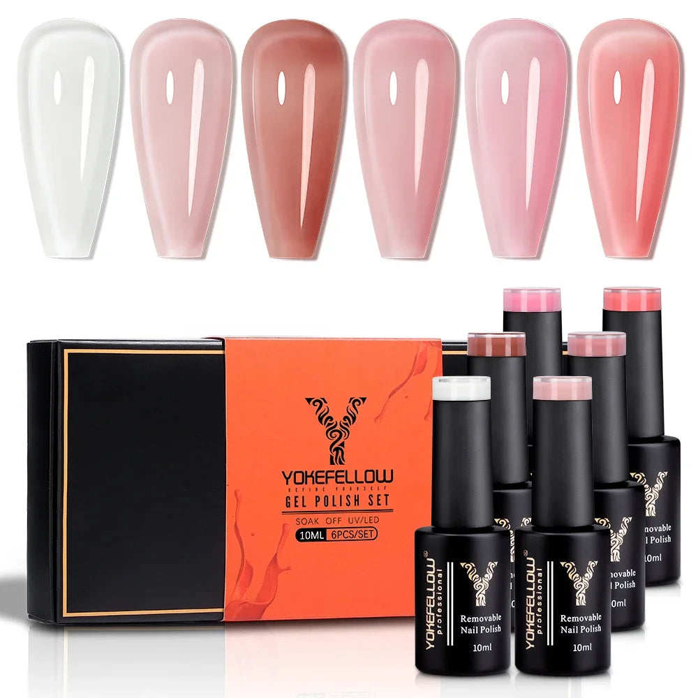 NEW SET YOKEFELLOW 6/PCS Pastel Pink Glitter Pink Set Spring Summer Gel Polish Soak off for Summer DIY Salon Home Manicure 10ML