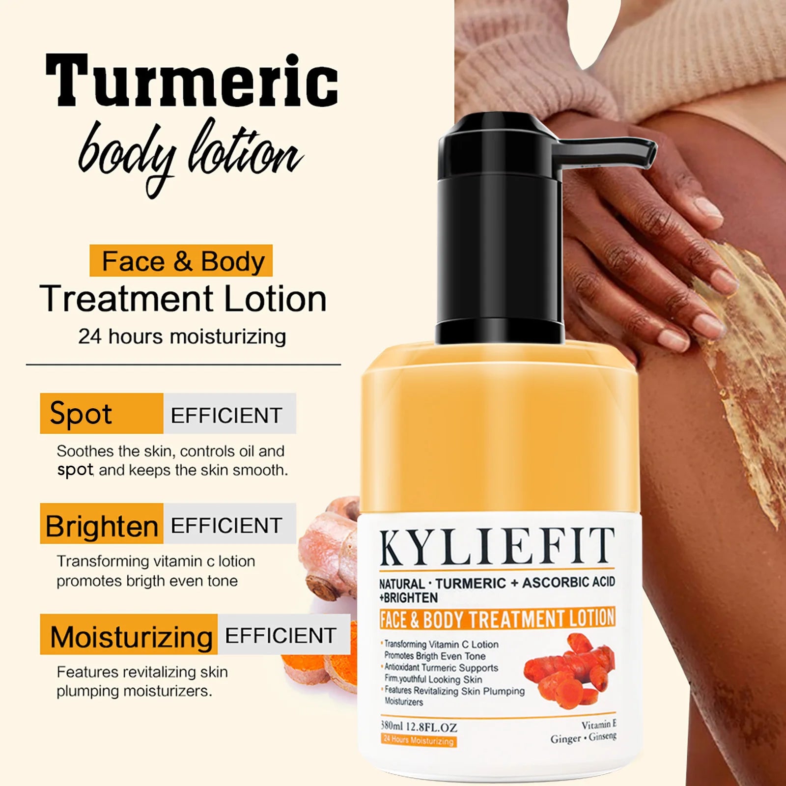 KYLIEFIT Natural Turmeric Brightening Body Lotion, Reduce Blemish, Acne, Smooth , Glowing & Hydration Cream, For All Skin Types