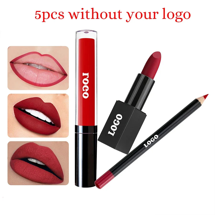 12-color Custom Logo Lipstick Lipgloss Lipliner Kit Private Label Black Square Tube Matte Waterproof Pigment Lips Makeup Vegan