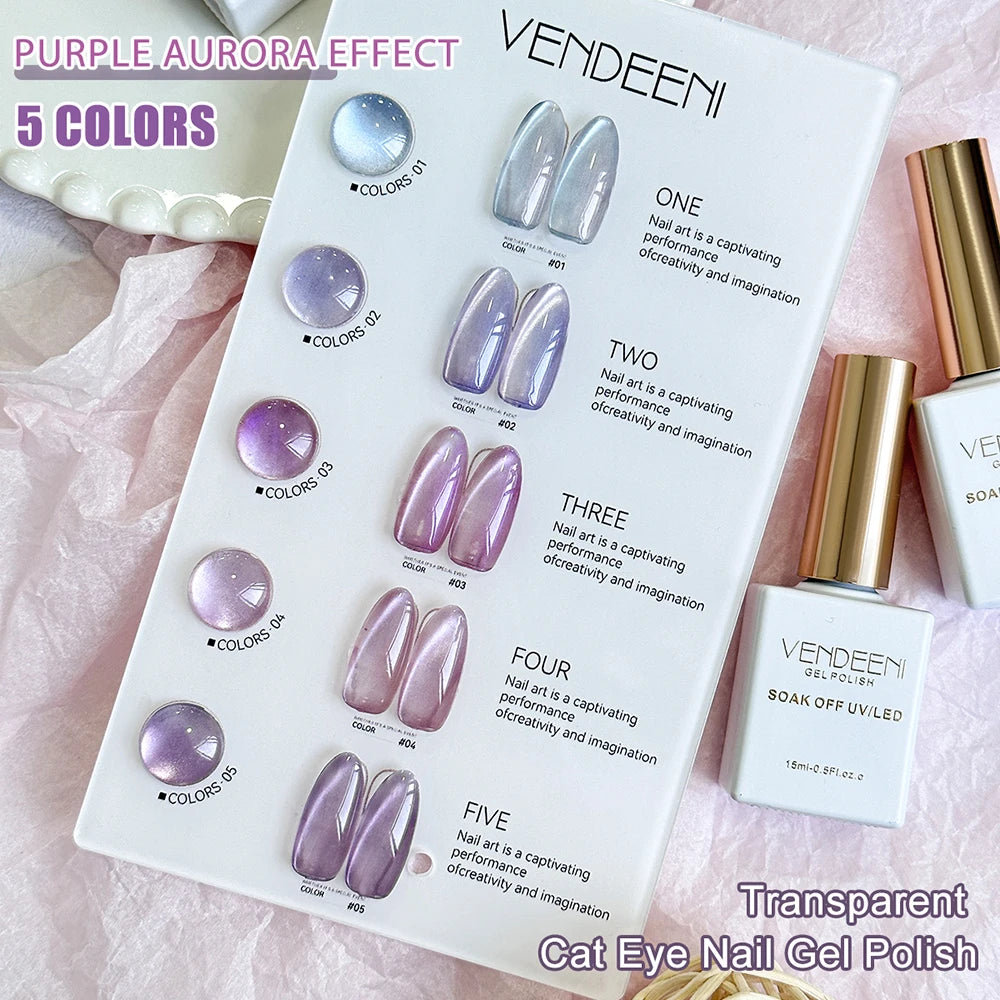 Vendeeni 5 Colors/Set Purple Cat Eye Gel Nail Polish Magnetic UV LED Gel Varnish Aurora Effect Cat Eye Gel Lacquer With Display