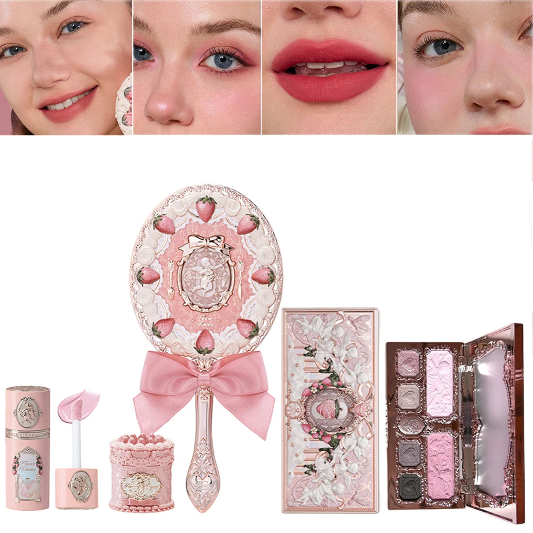 Flower Knows Strawberry Cupid Velvet Matte Lip Cream Pressed Powder Liquid Blush Set Long Lasting Lightweight Makeup
