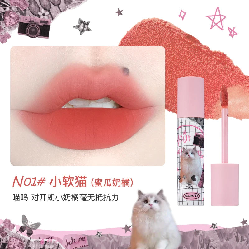FLORTTE Matte Lipstick Velvet Lip Cream Matte Liquid Long-Lasting Wear Non-Stick Cup Not Fade Waterproof Lip Gloss