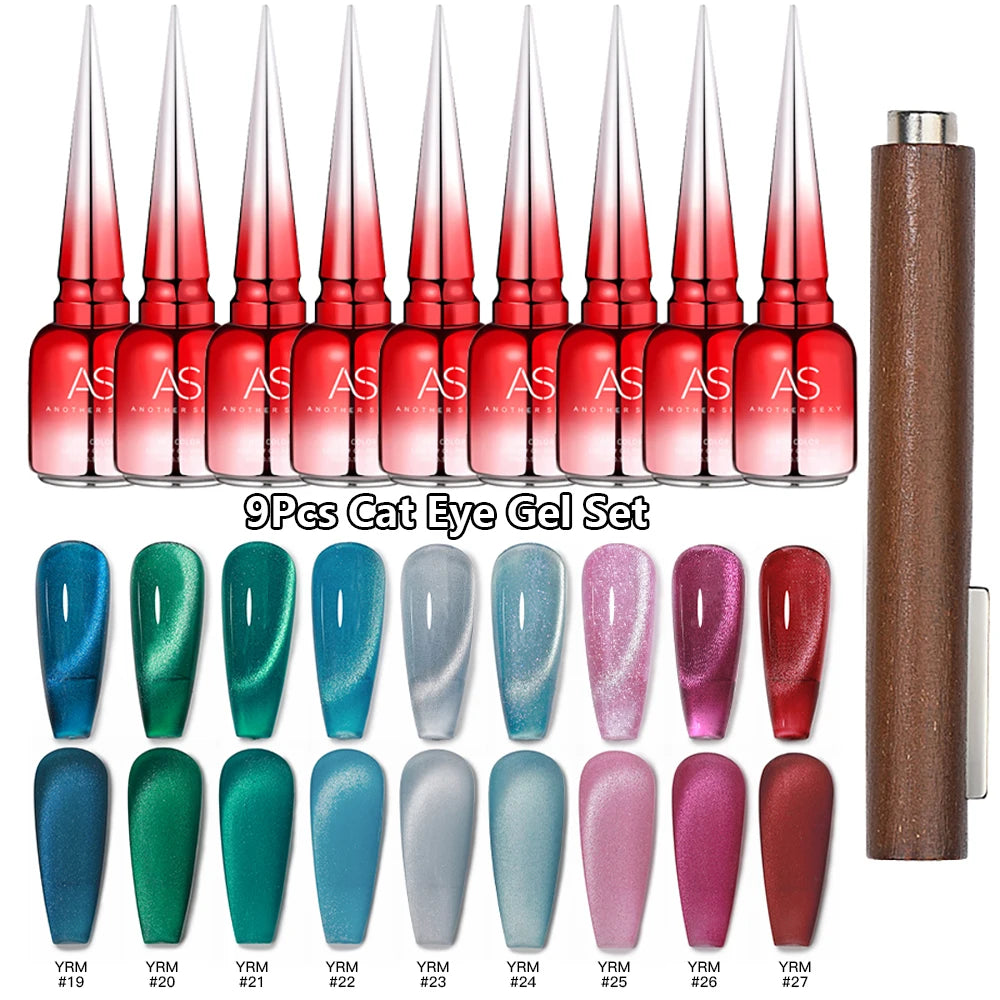 AS 9pcs Cat Eye Magnetic Moonlight Gel Nail Polish Set 15ml Sparkle White Silver Water Light Red UV Gel Nail Art Manicure