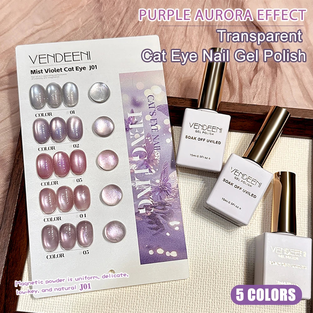 Vendeeni 5 Colors/Set Purple Cat Eye Gel Nail Polish Magnetic UV LED Gel Varnish Aurora Effect Cat Eye Gel Lacquer With Display