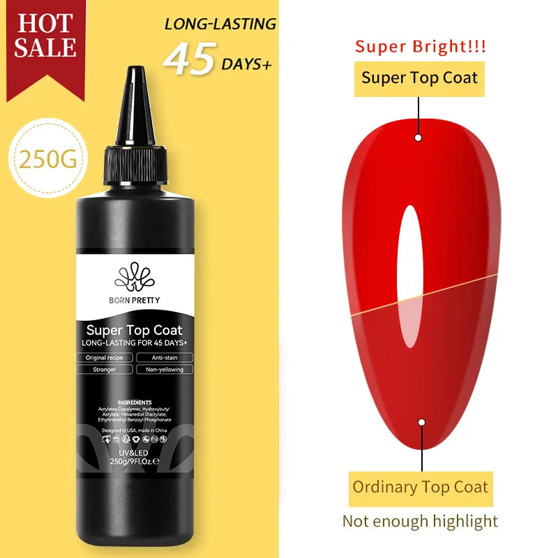 BORN PRETTY 250g Super Top Coat Base Gel Soak off UV LED Drying Long Lasting Semi Permanent Jelly Nude Pink Gel Nail Polish