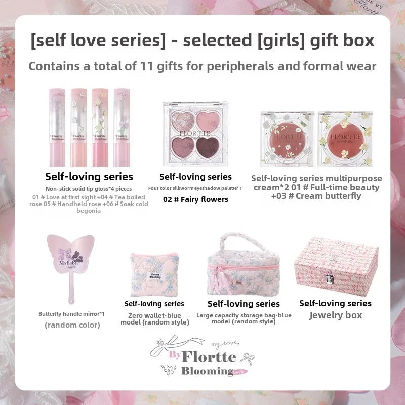 FLORTTE Narcissistic Series ALL IN Makeup Gift Box Eye Shadow Multi Purpose Blusher Cream Solid Lip Gloss Lipstick 11pcs Kit