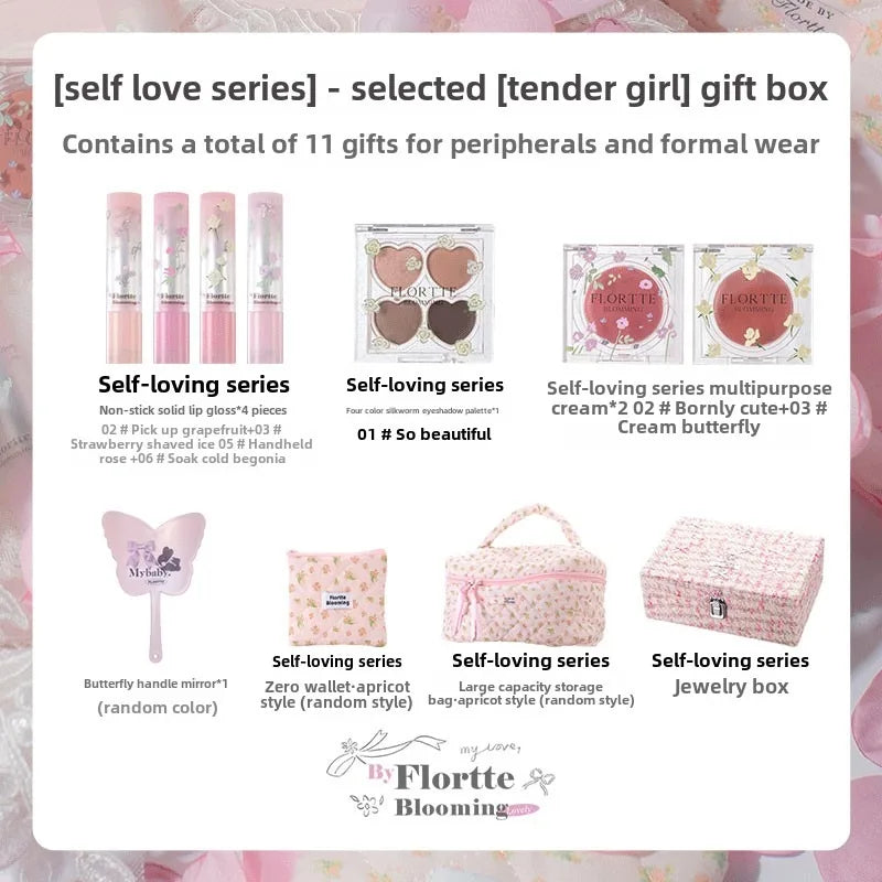 FLORTTE Narcissistic Series ALL IN Makeup Gift Box Eye Shadow Multi Purpose Blusher Cream Solid Lip Gloss Lipstick 11pcs Kit