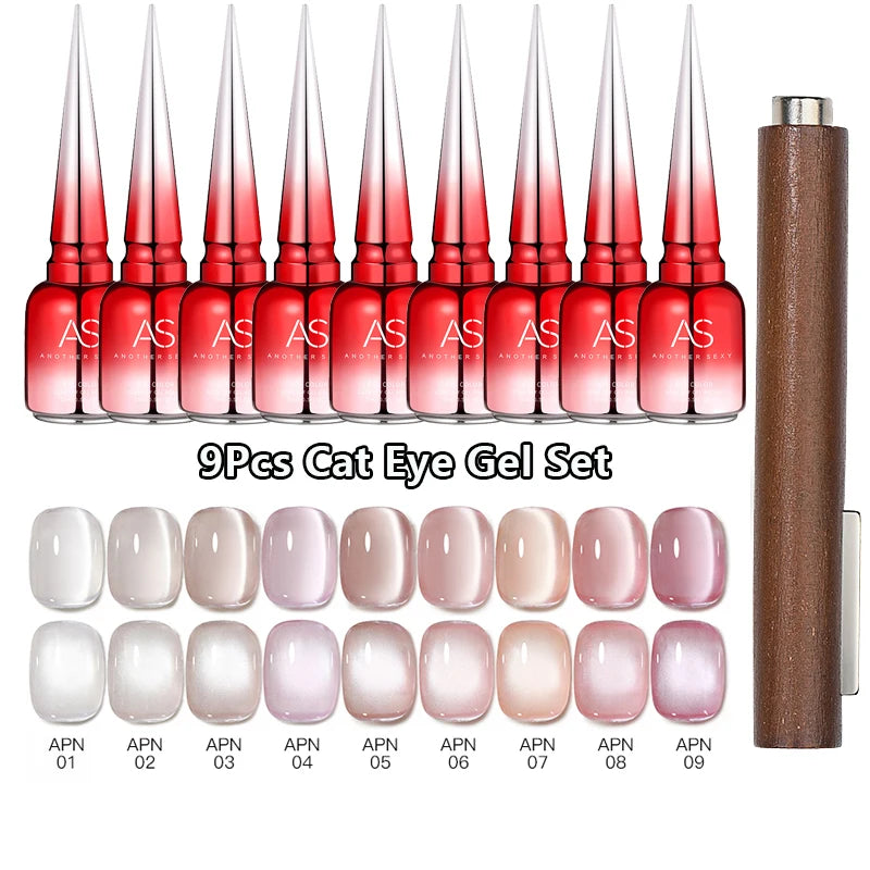 AS 9pcs Cat Eye Magnetic Moonlight Gel Nail Polish Set 15ml Sparkle White Silver Water Light Red UV Gel Nail Art Manicure