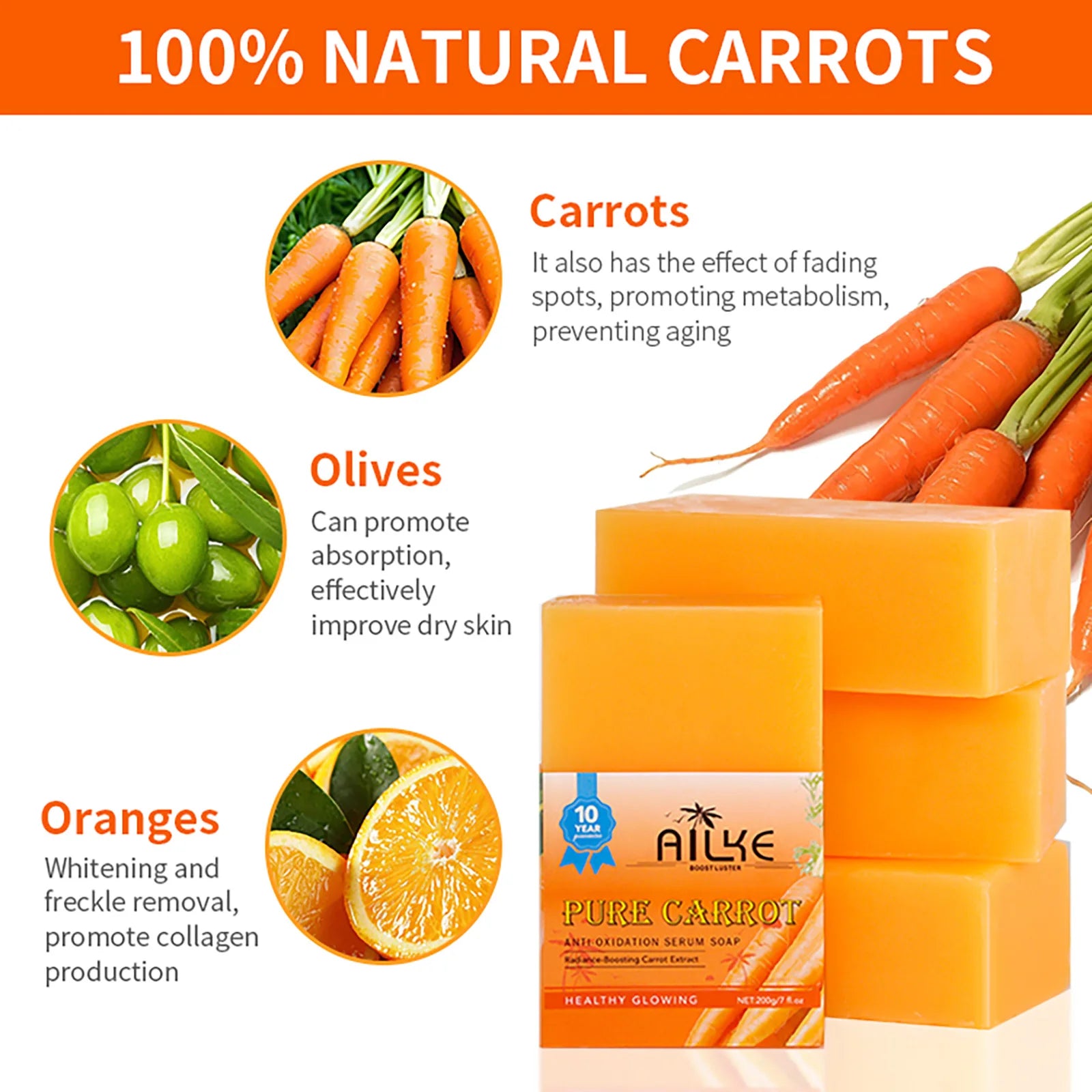 AILKE Carrot Anti-Oxidation Whitening Serum Soap, Brighten, Even Skin Tone, For Black Dark Caramel Skin, Vegan Soap, 200g