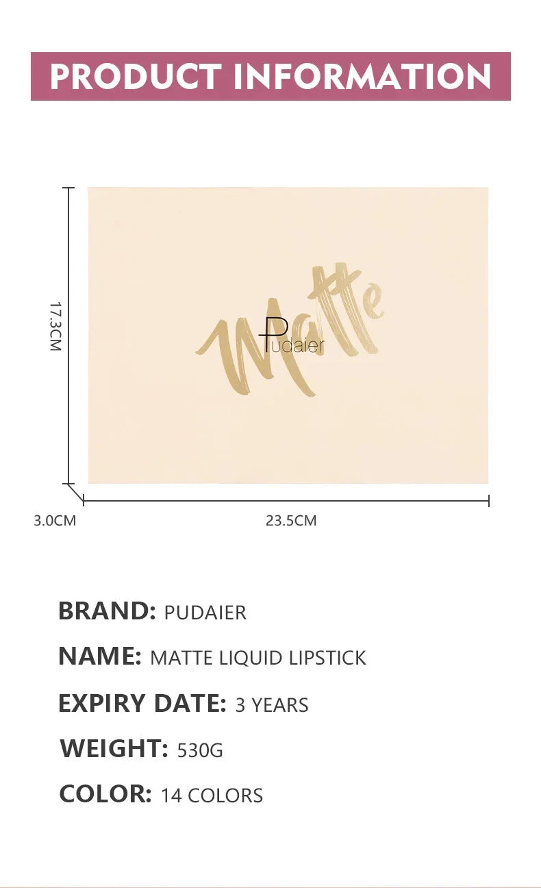 Pudaier 14 Color Pigment Nude Matte Liquid Lipstick Set Waterproof Velvet Lip Gloss Long Lasting Non-stick Cup Lip Tint Cosmetic