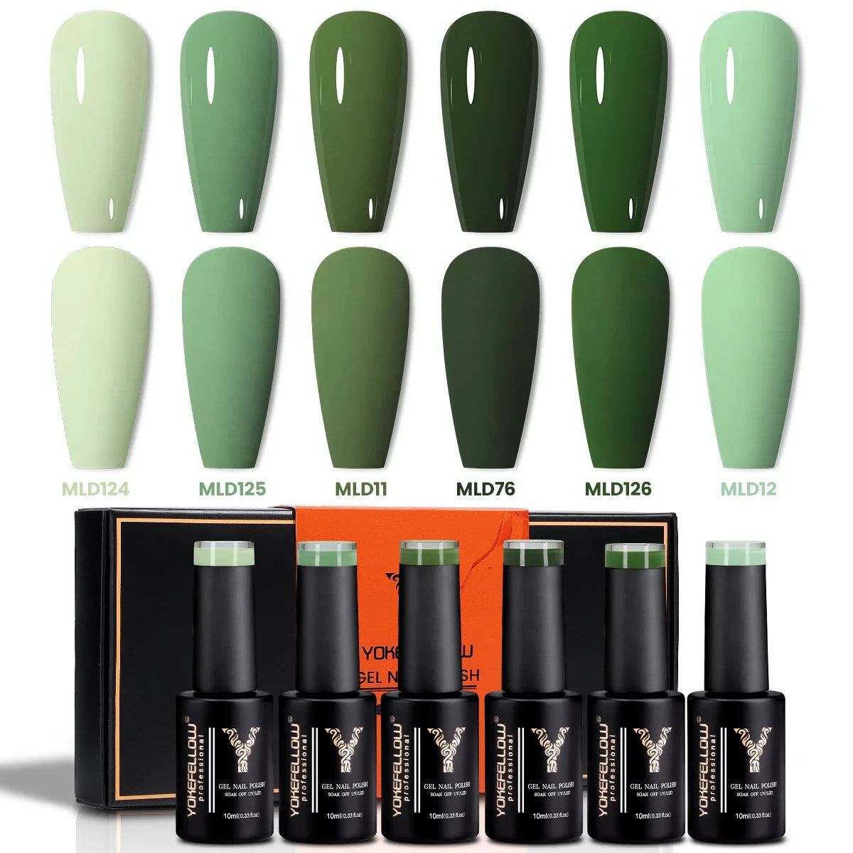 YOKEFELLOW Gel Nail Polish Set 10ml 6Pcs Green Soak Off UV LED Cure Gel Varnish for Nail Art Manicure DIY St. Patrick's Day