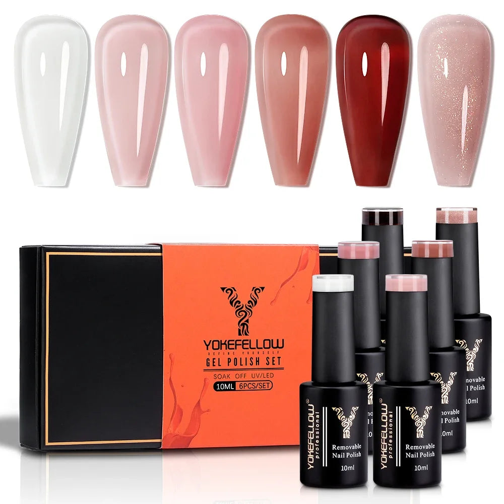 NEW SET YOKEFELLOW 6/PCS Pastel Pink Glitter Pink Set Spring Summer Gel Polish Soak off for Summer DIY Salon Home Manicure 10ML