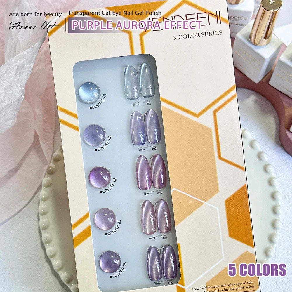 Vendeeni 5 Colors/Set Purple Cat Eye Gel Nail Polish Magnetic UV LED Gel Varnish Aurora Effect Cat Eye Gel Lacquer With Display