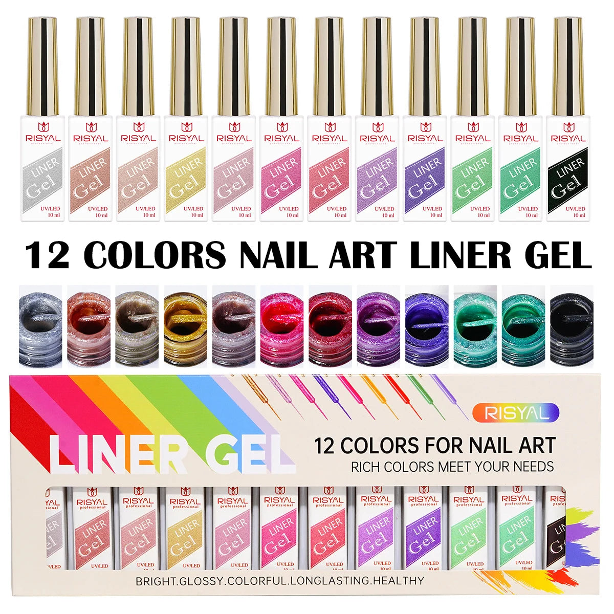 Neon Gel Nail Set Gel Pull Liner Glitter Nail Polish Kit UV/LED Fluorescent Color Gel DIY Manicure Painting Gel Nail Art Brushed