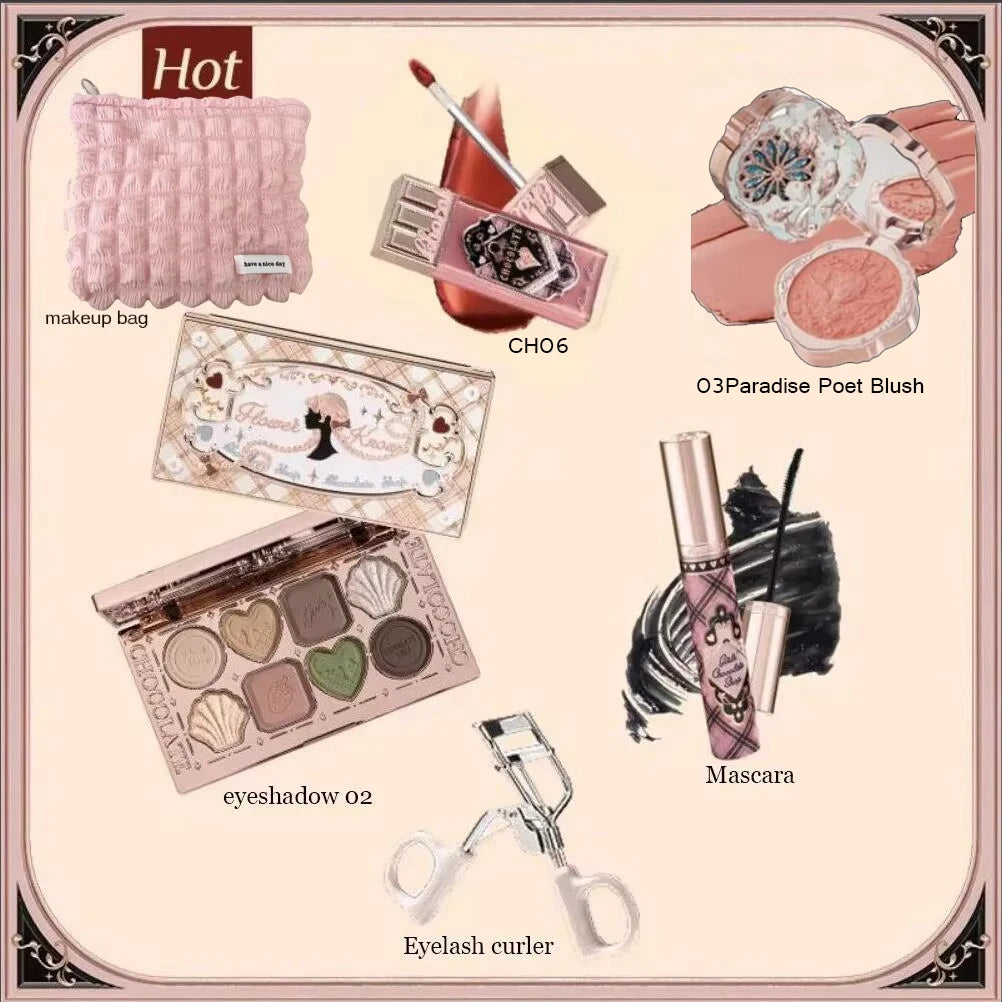 Flower Knows Chocolate Series All In Makeup Set Eyeshadow Palette Matte Lip Mud Blush Long Lasting Black Mascara Cream Original