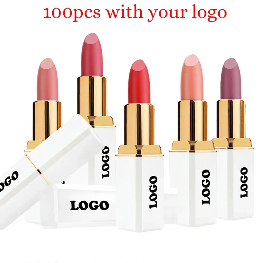Private Labe 24-color Solid Lipstick Custom Logo White Square Tube Matte Lipsticks Bulk Waterproof Long-lasting Makeup Vegan