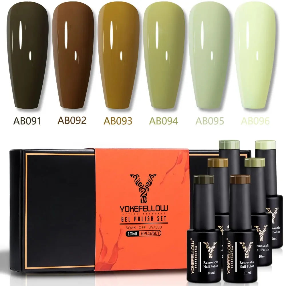 YOKEFELLOW Gel Nail Polish Set 10ml 6Pcs Green Soak Off UV LED Cure Gel Varnish for Nail Art Manicure DIY St. Patrick's Day