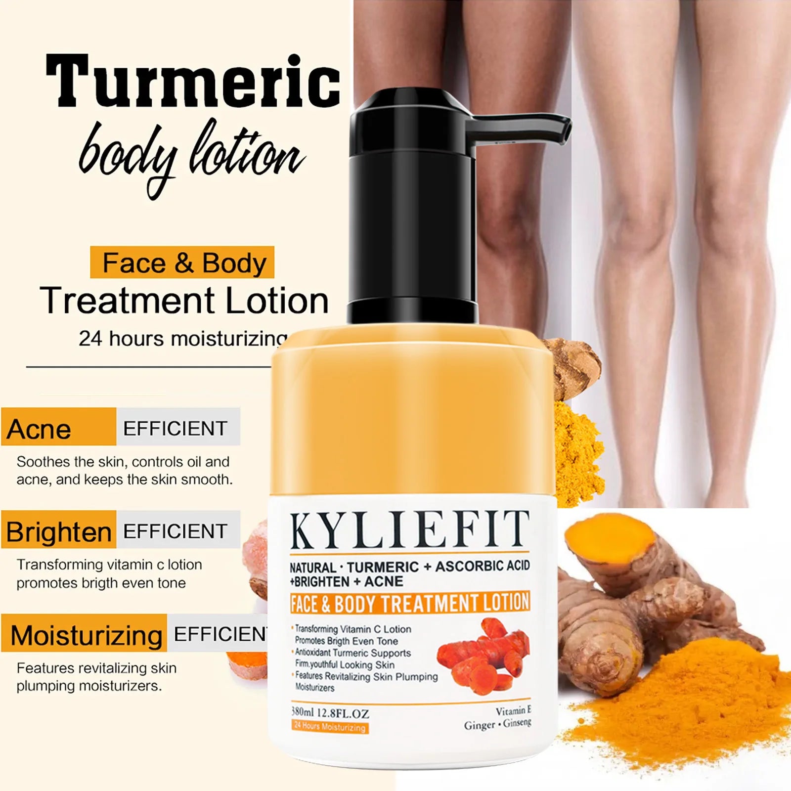 KYLIEFIT Natural Turmeric Brightening Body Lotion, Reduce Blemish, Acne, Smooth , Glowing & Hydration Cream, For All Skin Types