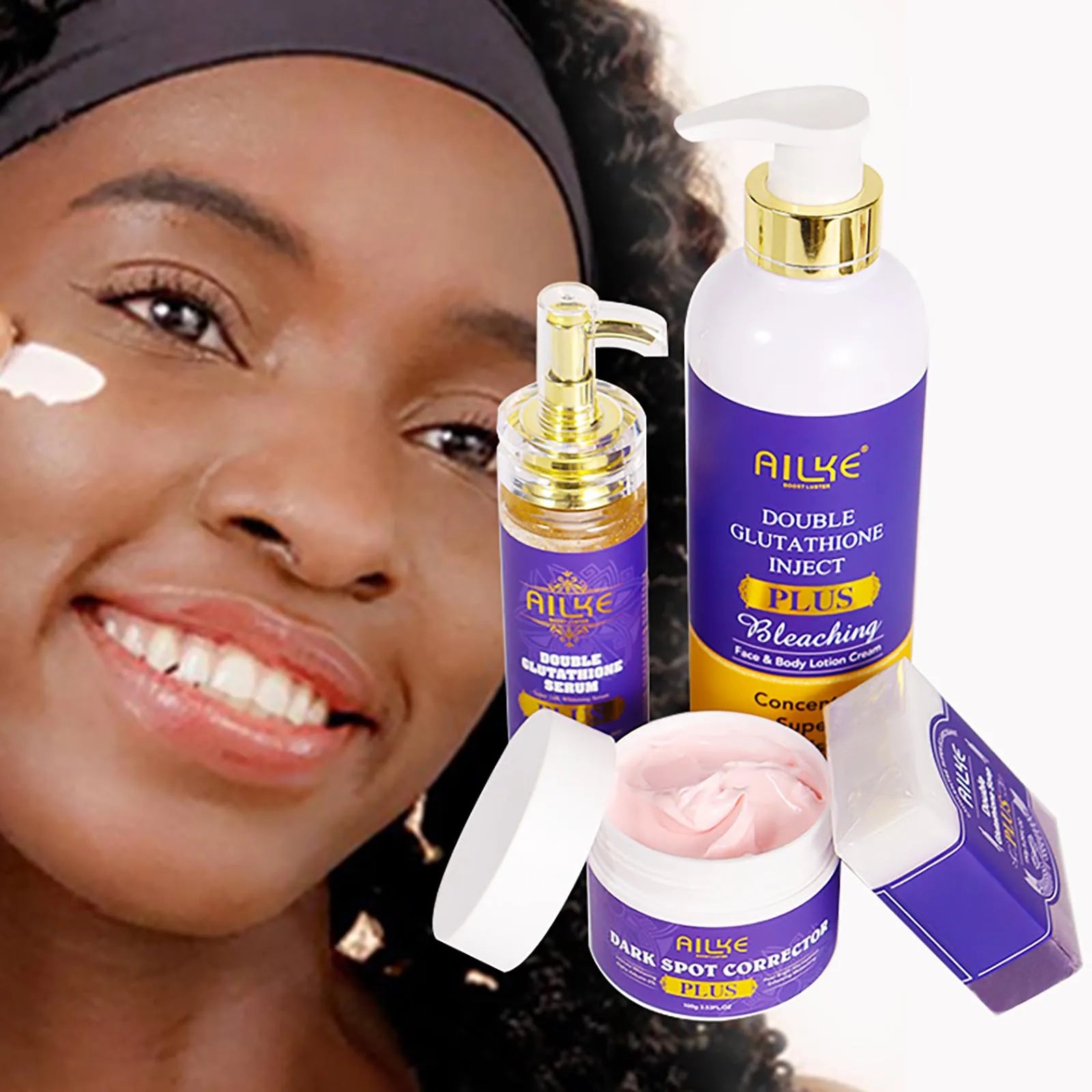 AILKE Glutathione PLUS Bleaching Skin Care Set, Moisturizing, Even Skin Tone, Improve Dark and Black Skin, Reduce Spots