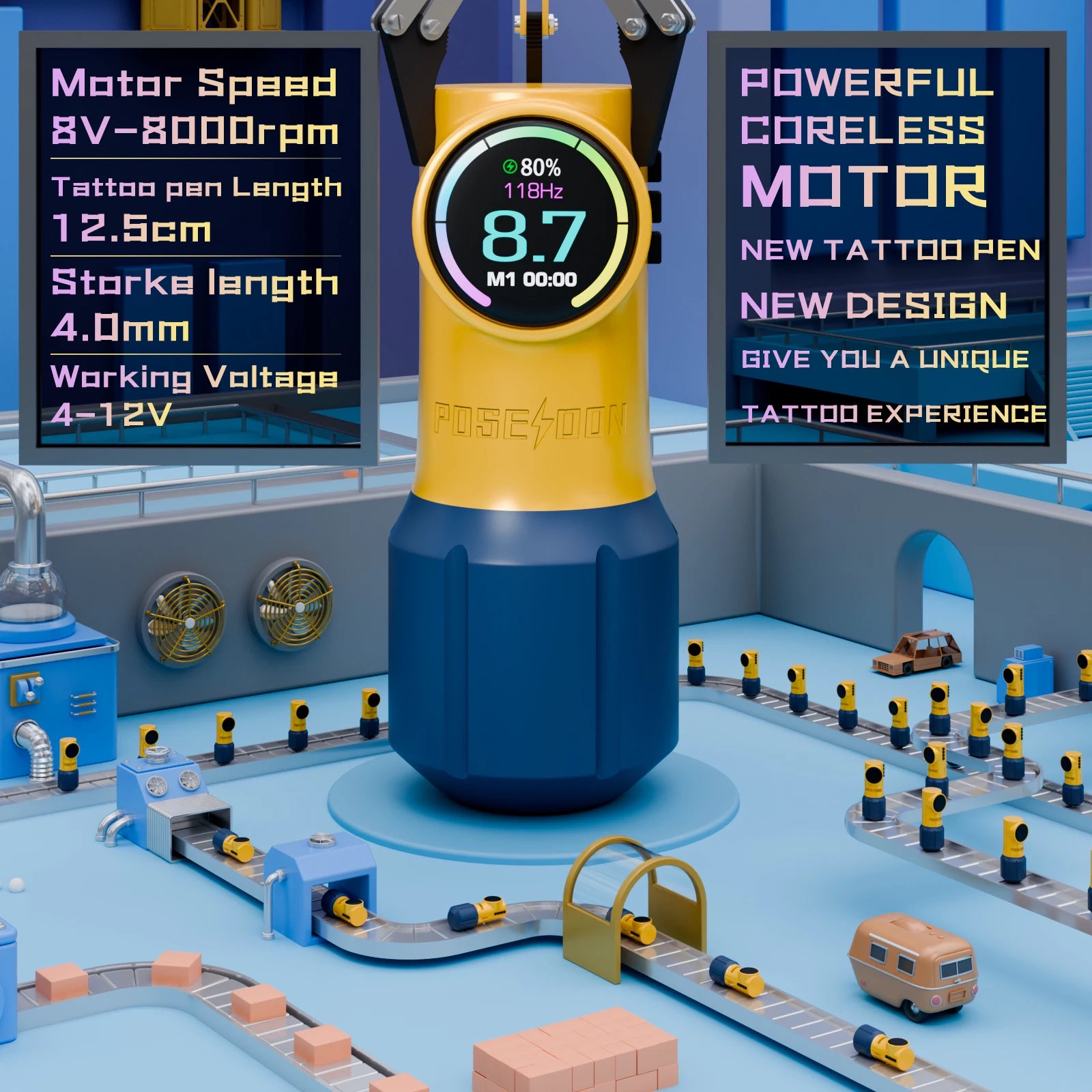 Tattoo Kit POSEIDON New Yellow Tattoo Pen Kit For Permanent Makeup Tattoo Machine Kit Wireless Tattoo Power Supply Tattoo Gun Ki