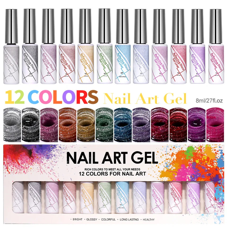 Neon Gel Nail Set Gel Pull Liner Glitter Nail Polish Kit UV/LED Fluorescent Color Gel DIY Manicure Painting Gel Nail Art Brushed