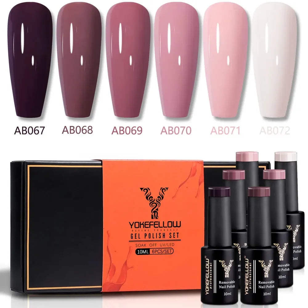 NEW SET YOKEFELLOW 6/PCS Pastel Pink Glitter Pink Set Spring Summer Gel Polish Soak off for Summer DIY Salon Home Manicure 10ML