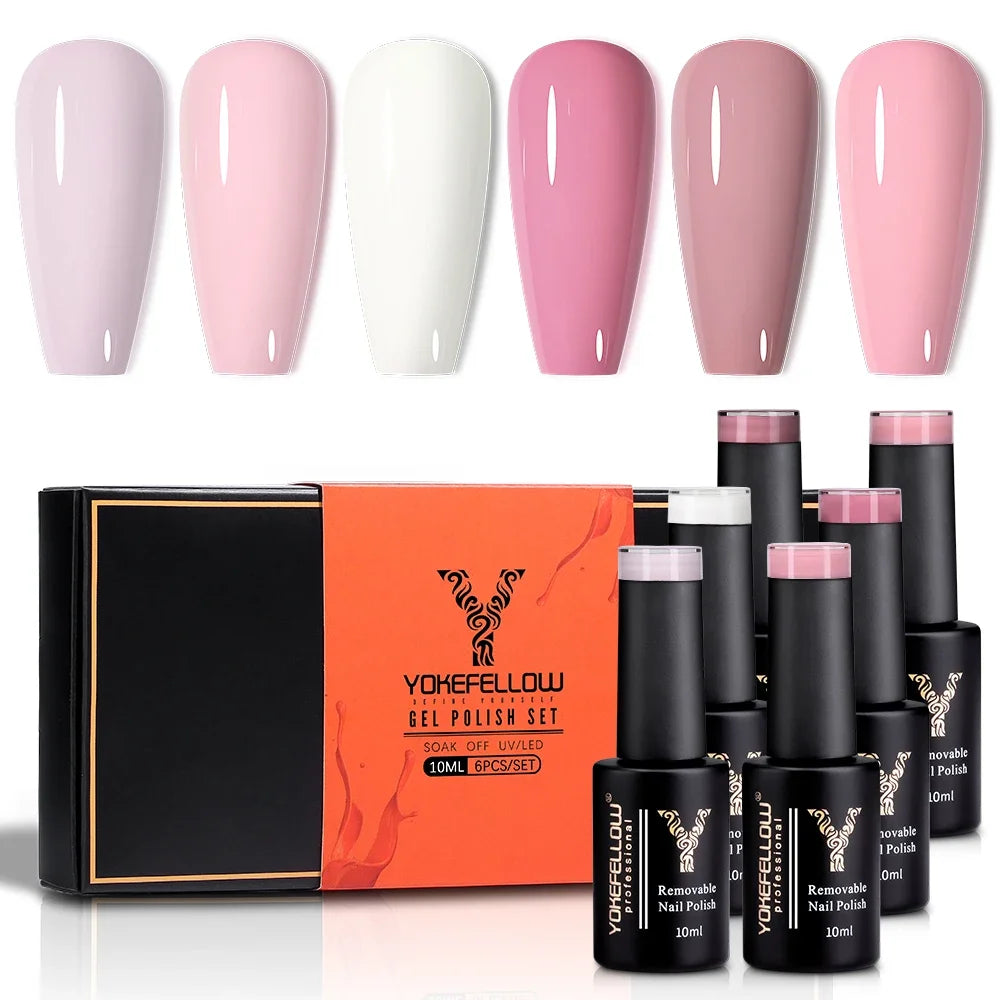 NEW SET YOKEFELLOW 6/PCS Pastel Pink Glitter Pink Set Spring Summer Gel Polish Soak off for Summer DIY Salon Home Manicure 10ML