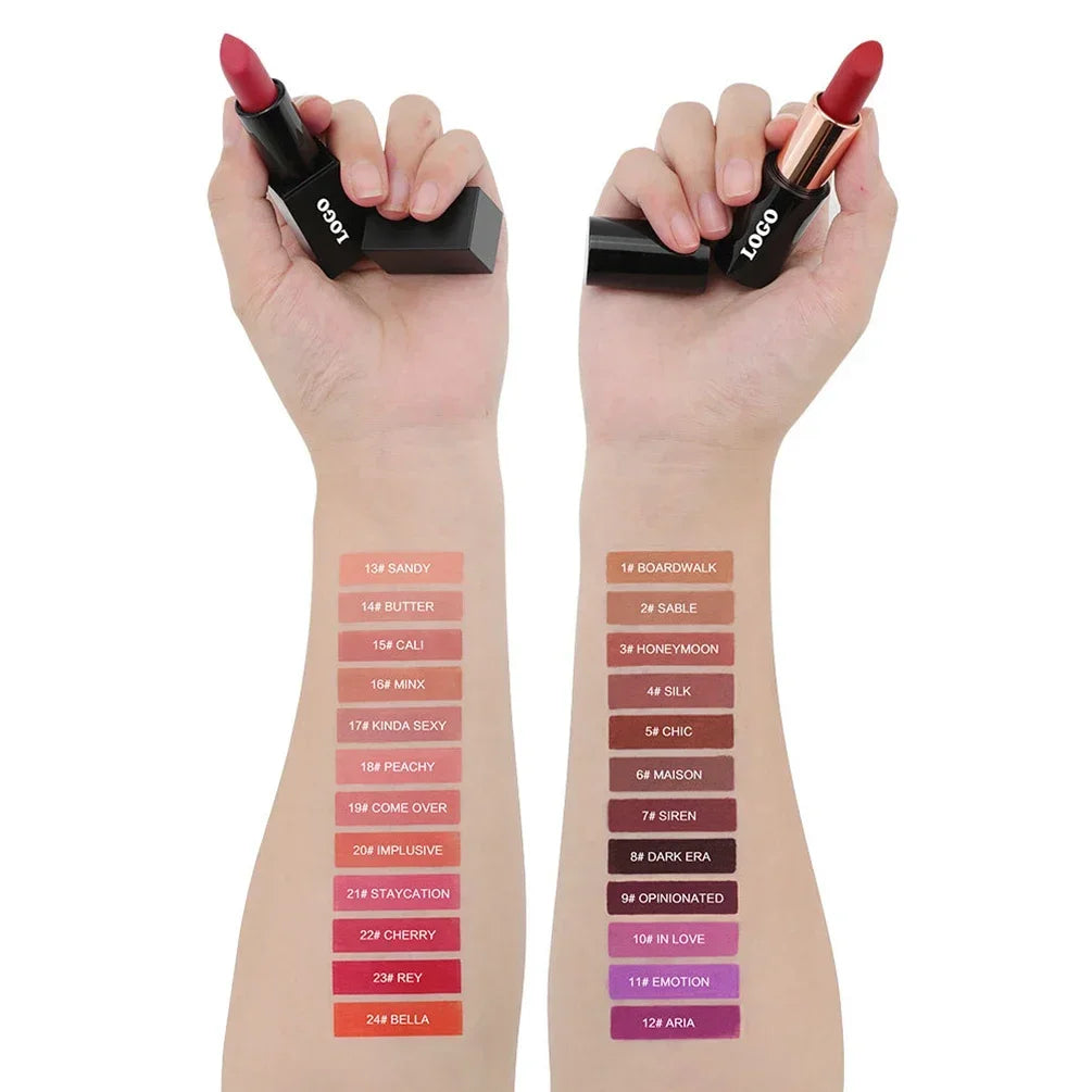 Private Labe 24-color Solid Lipstick Custom Logo White Square Tube Matte Lipsticks Bulk Waterproof Long-lasting Makeup Vegan