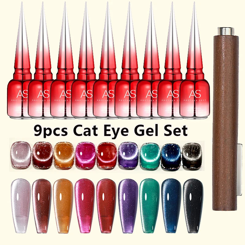 AS 9pcs Cat Eye Magnetic Moonlight Gel Nail Polish Set 15ml Sparkle White Silver Water Light Red UV Gel Nail Art Manicure