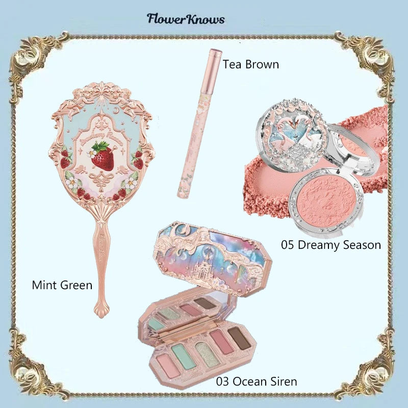 Flower Knows Makeup Set Mermaid Eyeshadow Palette Matte Swan Setting Powder Strawberry Violet Mirror Hair Clip 4Pcs Kit