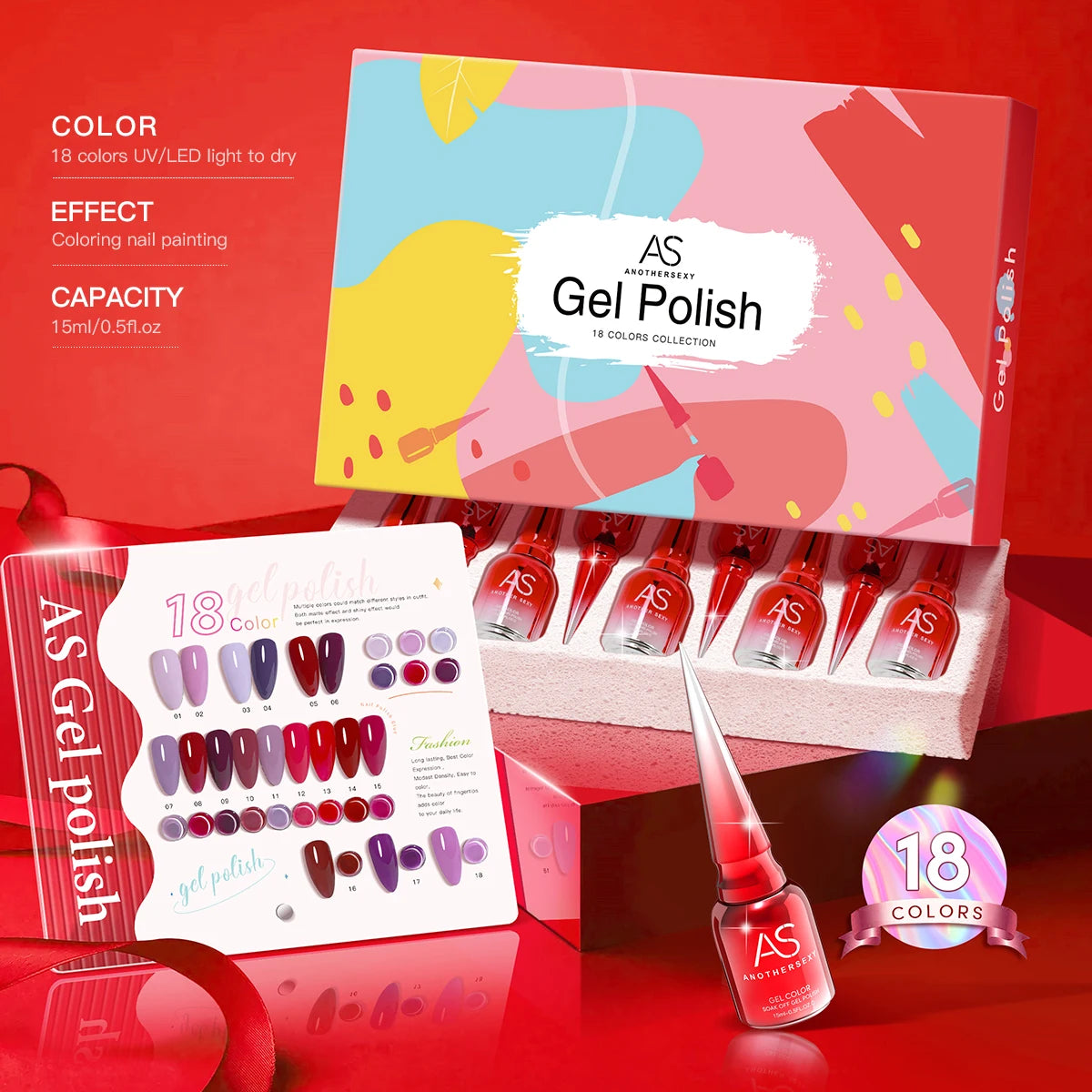 AS 18pcs Fluorescent Neon Red Pink Colors Gel Nail Polish Set