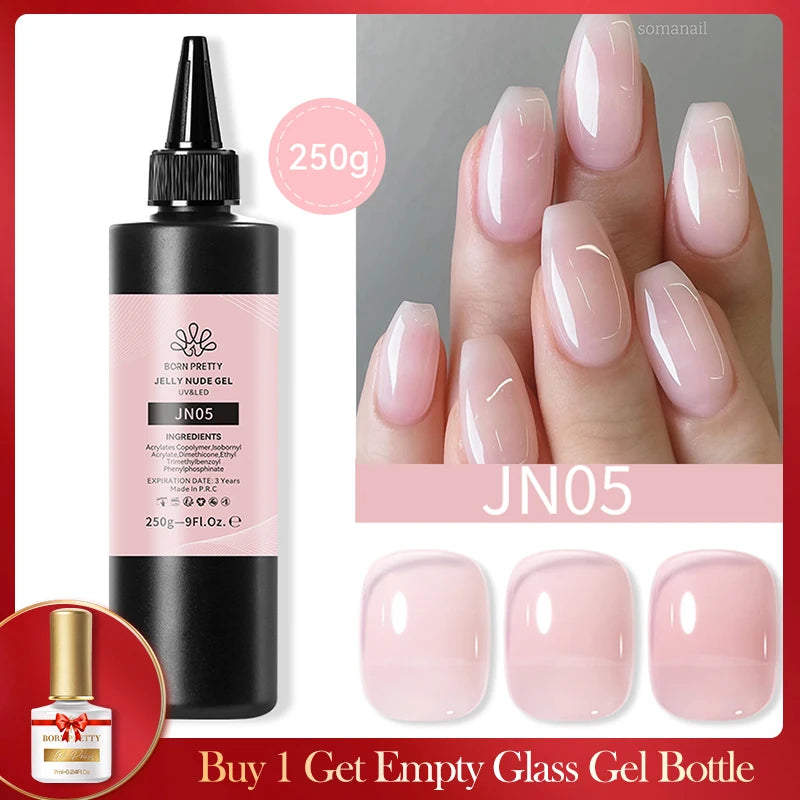 BORN PRETTY 250g Super Top Coat Base Gel Soak off UV LED Drying Long Lasting Semi Permanent Jelly Nude Pink Gel Nail Polish
