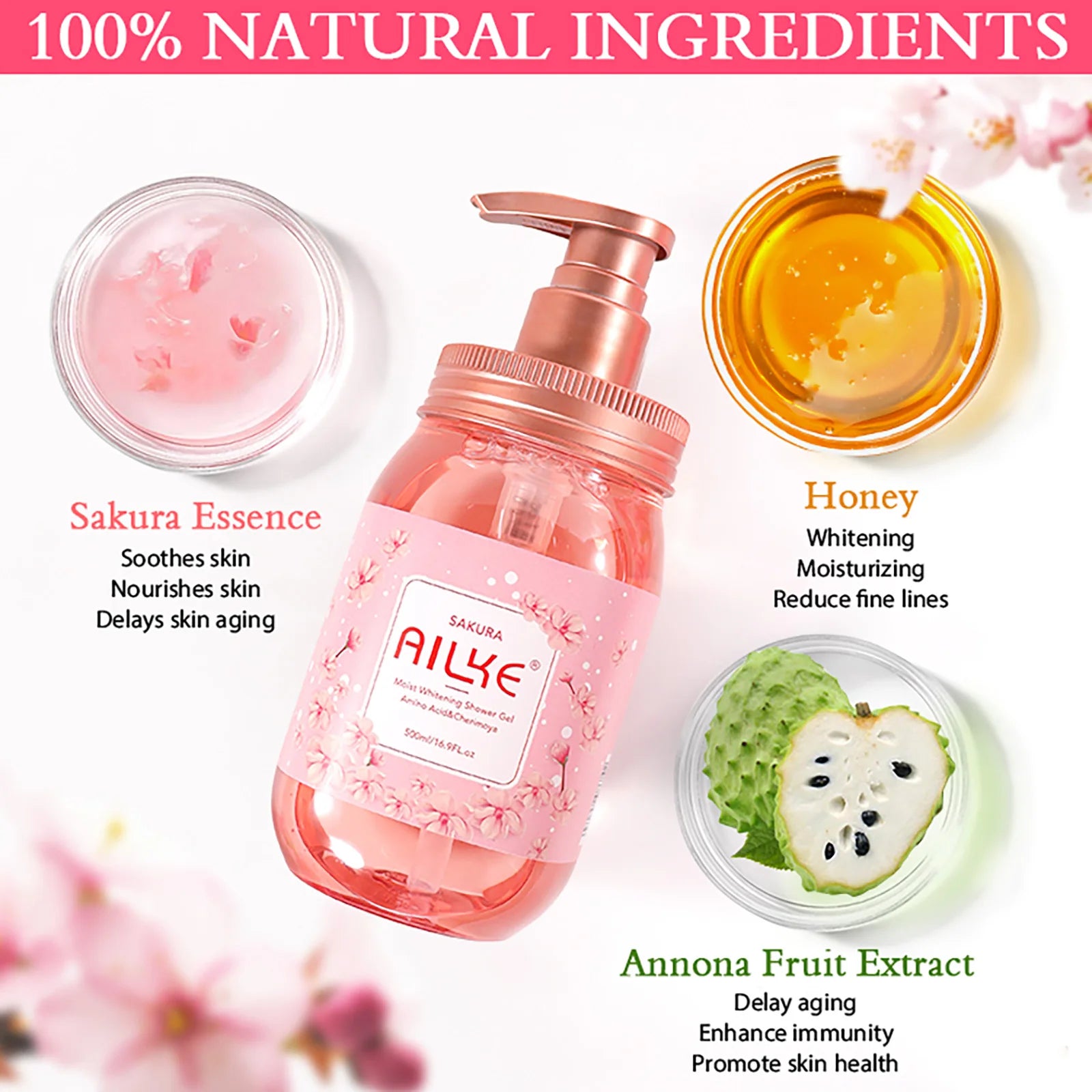 AILKE Cherry Blossom Shower Gel, Deep Clean, Whitening, Moisturize, Soothe Skin, Exfoliates, With Natural Ingredient Body Wash
