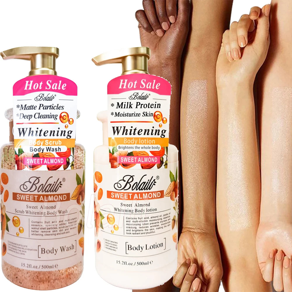 500ml Almond Whitening Body Lotion & Scrub Body Wash Exfoliating Moisturizing Whitening Skin Lightening Increase Skin Radiance
