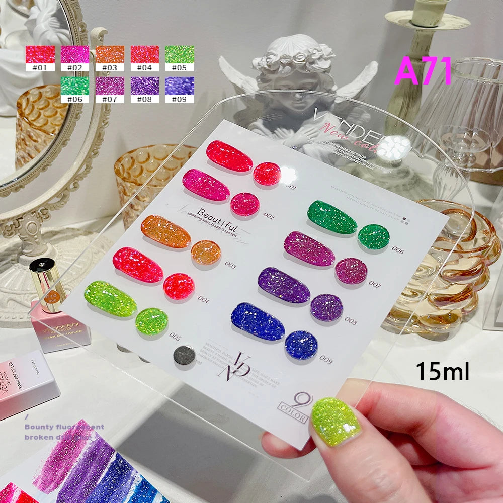 Vendeeni 15ml 9 Colors Fluorescent Glitter Sequins Nail Gel Polish Neon Color Nail Art Manicure Soak Off Enamel UV Gel Varnish